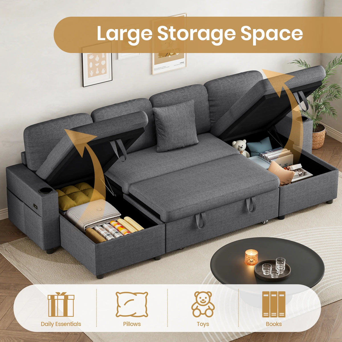 Grey sofa bed with large under-seat storage compartments and pull-out sleeper cushion