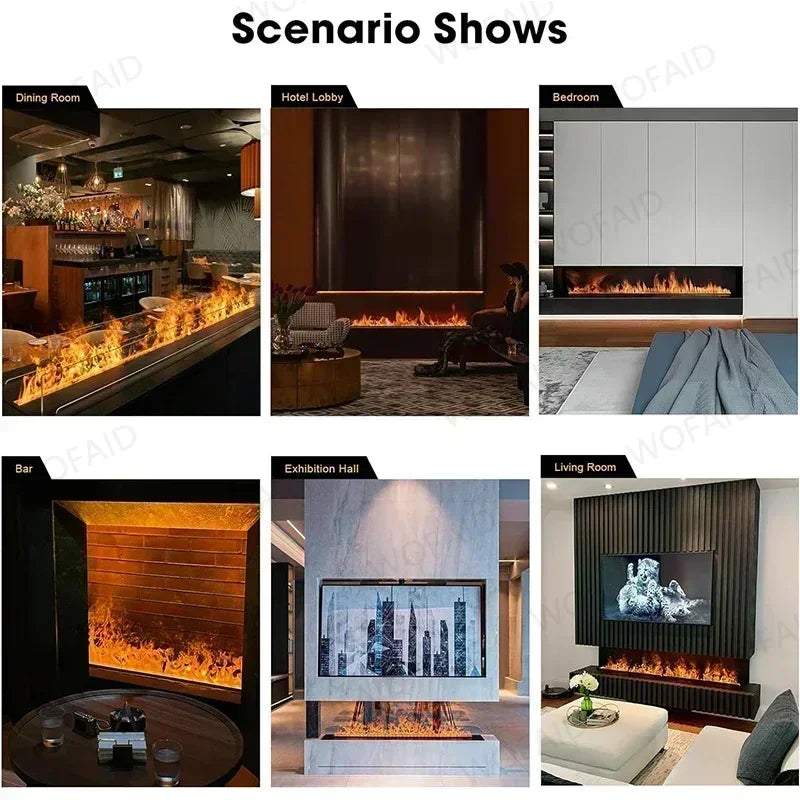 Electric fireplace with simulated flames shown in multiple room setups