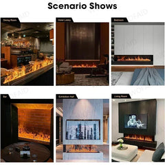 Electric fireplace with simulated flames shown in multiple room setups