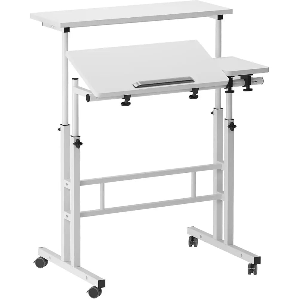 White standing desk with tilting desktop, keyboard tray, and side platform; caster feet