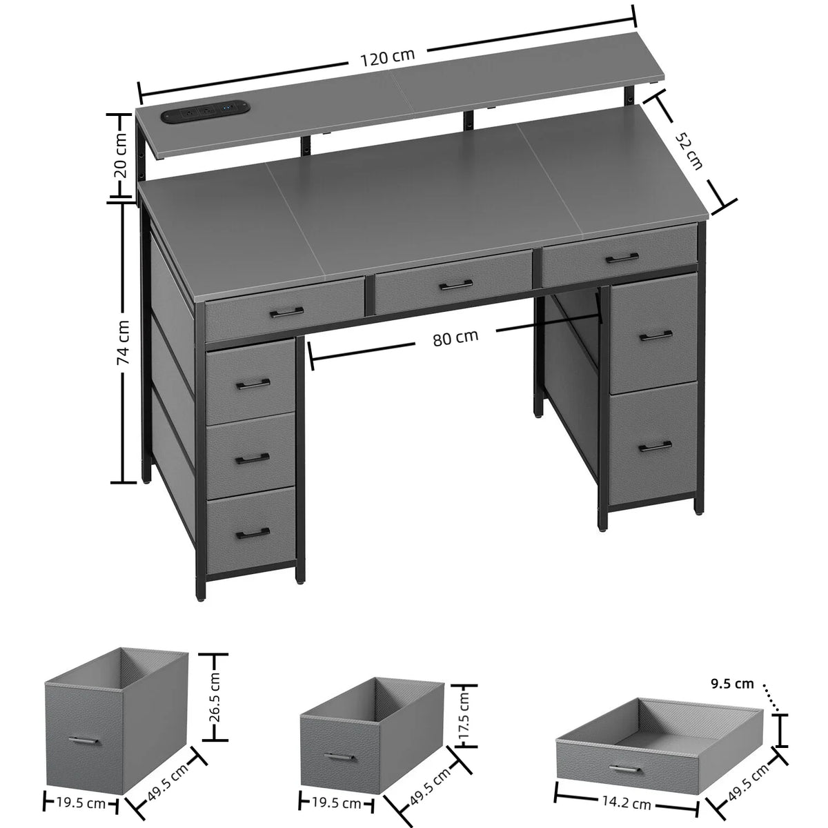 Grey computer desk with 9 drawers, wide desktop, and adjustable leveling feet