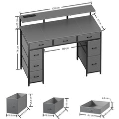 Grey computer desk with 9 drawers, wide desktop, and adjustable leveling feet