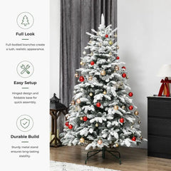 Artificial flocked Christmas tree with red ornaments and gold accents, hinged metal stand