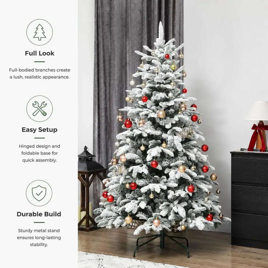 Artificial flocked Christmas tree with red ornaments and gold accents, hinged metal stand