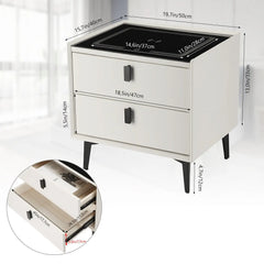 Cream white bedside table with two drawers and labeled size dimensions