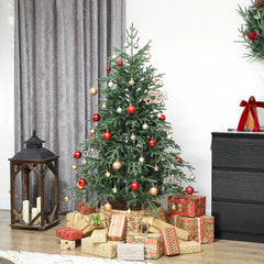 Artificial green spruce Christmas tree with red, gold, and white ornaments and lights