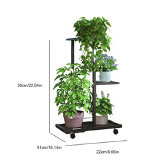 Black metal plant shelf rack with 6 tiers and wheels, holding potted plants indoors