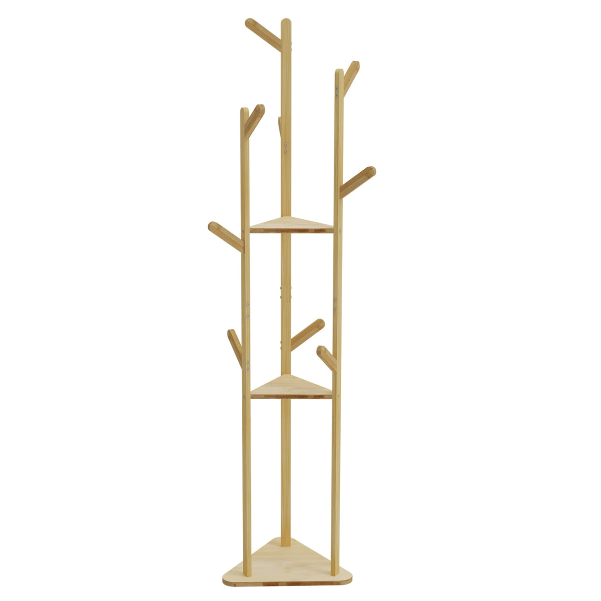 Natural wood freestanding coat rack with multiple hook arms and two shelves