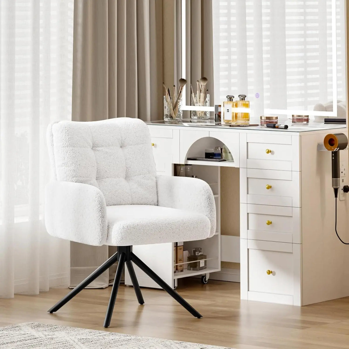 White boucle tub swivel accent chair angled view with padded seat and black metal legs