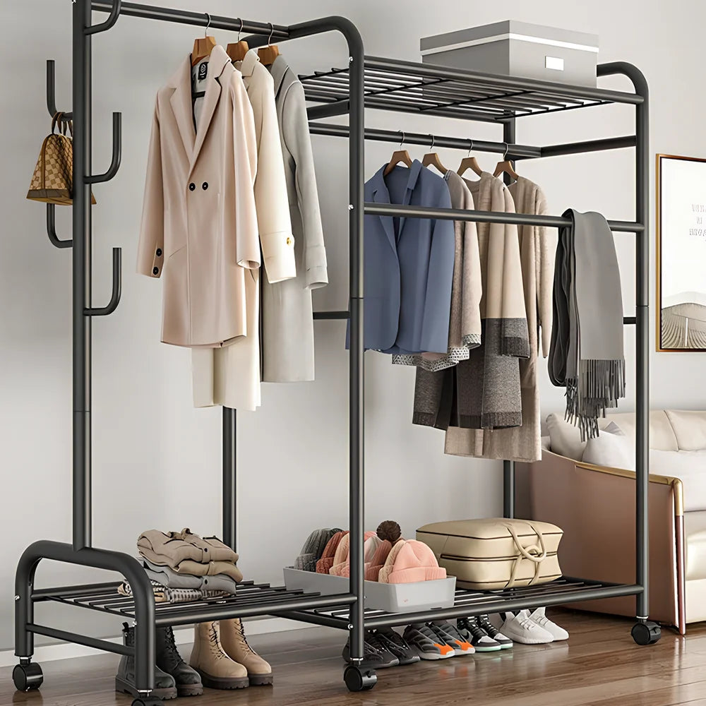 Black clothing rail with multiple tiers of hanging rods and lower shoe shelf