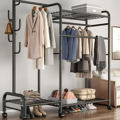 Black clothing rail with multiple tiers of hanging rods and lower shoe shelf