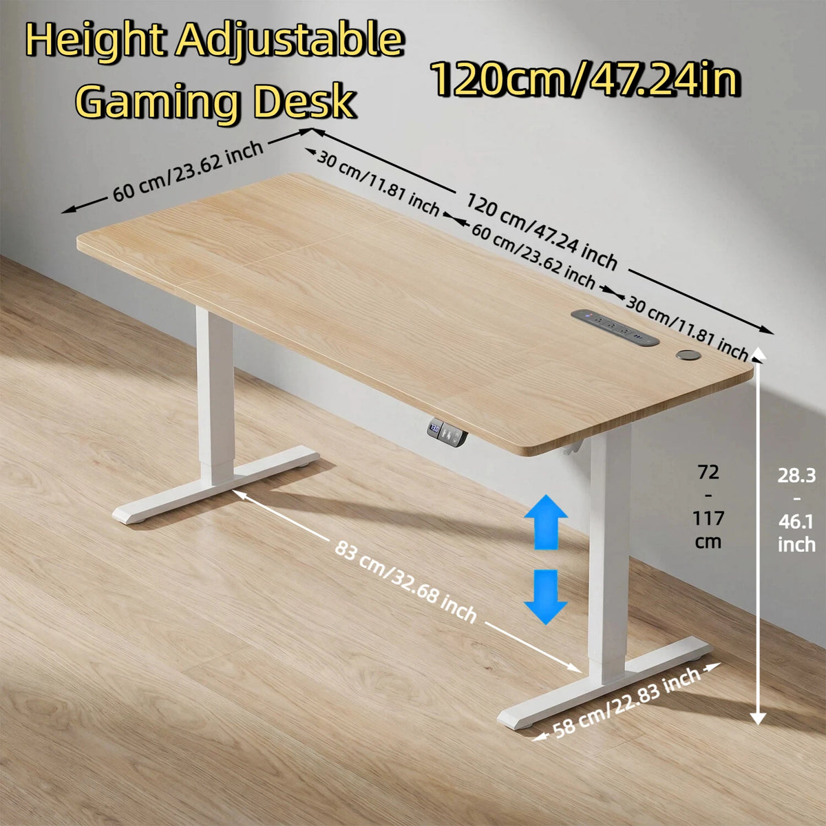 Height-adjustable desk with light wood top, white frame, 120cm width
