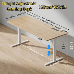 Height-adjustable desk with light wood top, white frame, 120cm width