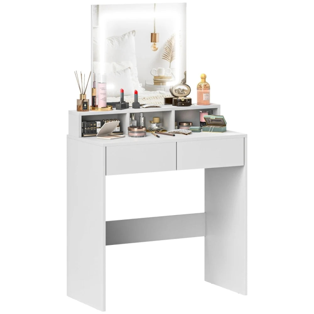 White dressing vanity table with illuminated mirror and wide countertop storage