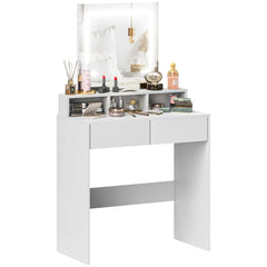 White dressing vanity table with illuminated mirror and wide countertop storage