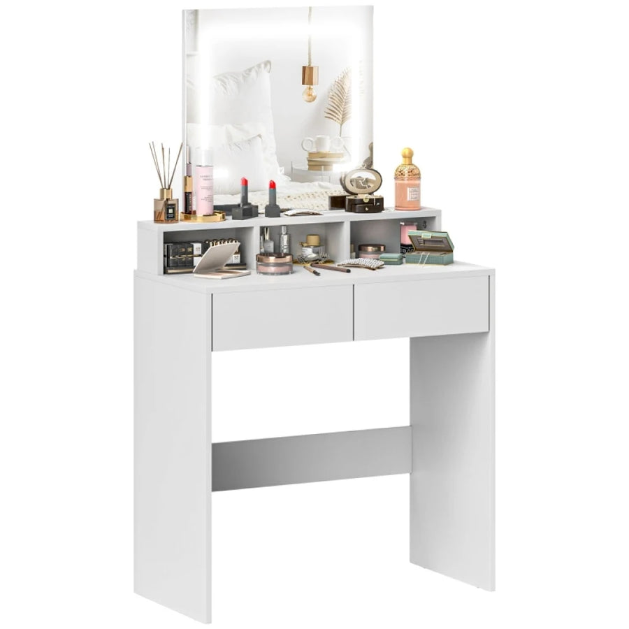 White dressing vanity table with illuminated mirror and wide countertop storage