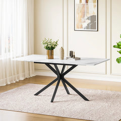 Rectangular extendable dining table with light tabletop and black X legs.