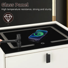Cream white bedside table with tempered glass charging panel and LED light