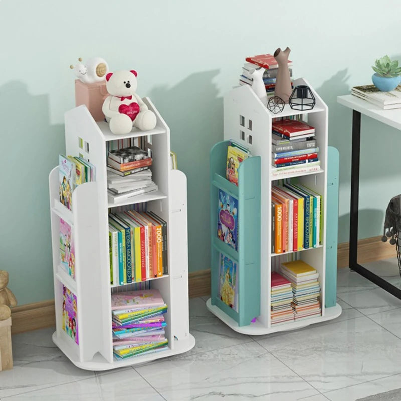 Breeins kids' rotating house-frame bookshelf with white and teal storage compartments
