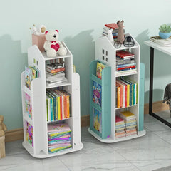 Breeins kids' rotating house-frame bookshelf with white and teal storage compartments