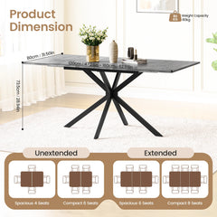 Rectangular extendable dining table shown extended: dark top with black cross legs.
