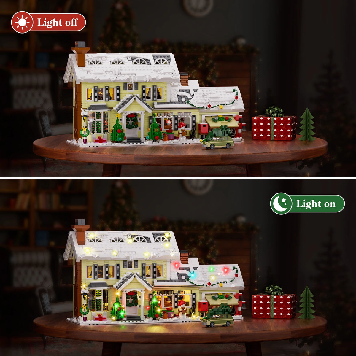 Christmas house building blocks set with lights off, showing decorations and vehicles