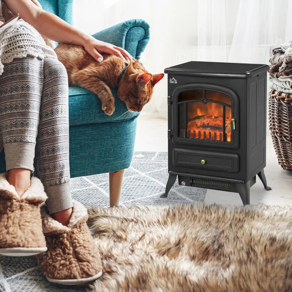Black freestanding electric fireplace stove with glass viewing window and flame effect