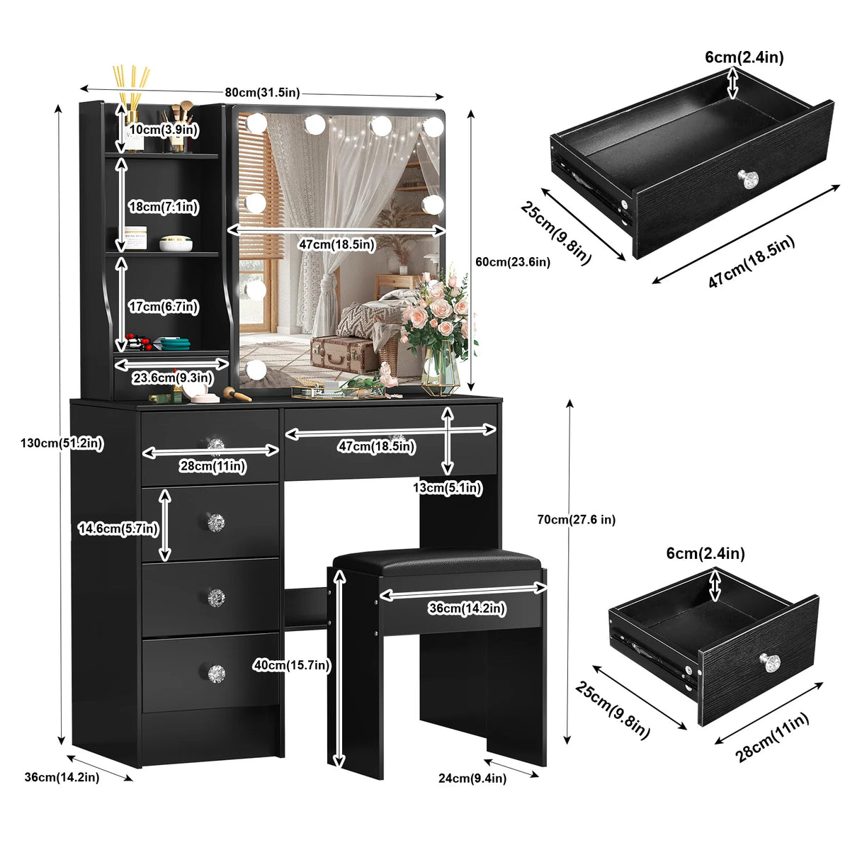 Black vanity set size diagram showing LED mirror, 6 drawers, and stool dimensions.