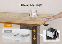 Brown standing desk with control buttons and steel-reinforced frame