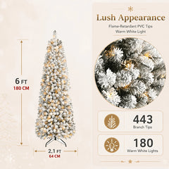 Pre-lit slim artificial Christmas tree with snow-flocked PVC tips and warm white LED lights.