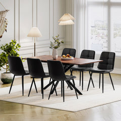 Rectangular dining table with 4 upholstered chairs, dark seats and backs, black legs