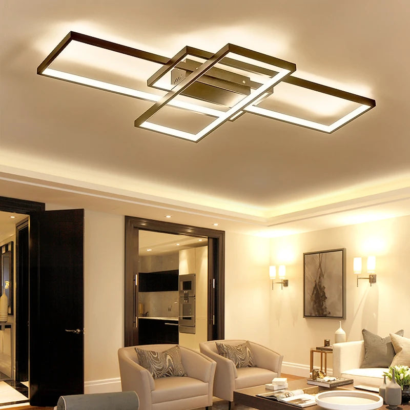 Modern rectangular LED ceiling chandelier with bronze-brown frame and four lit rectangle panels