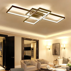 Modern rectangular LED ceiling chandelier with bronze-brown frame and four lit rectangle panels