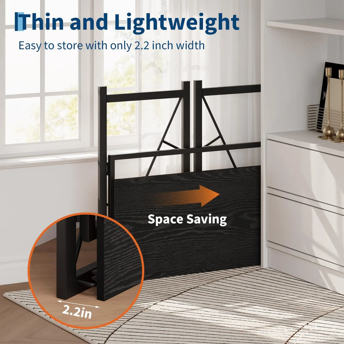 Black space-saving folding table with slim profile for easy storage