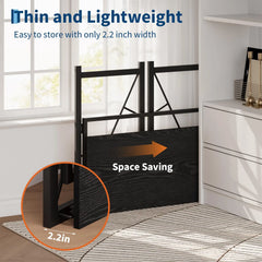 Black space-saving folding table with slim profile for easy storage