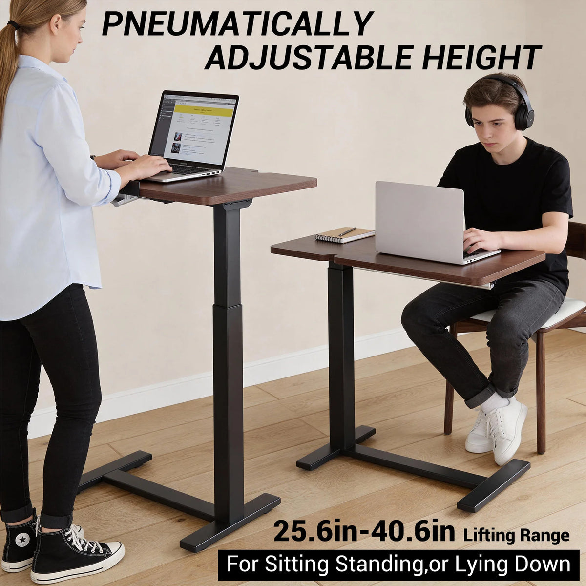 Pneumatically height-adjustable standing desk with tilting desktop and black base