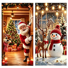 Christmas door banner with Santa, reindeer, and festive lights decoration