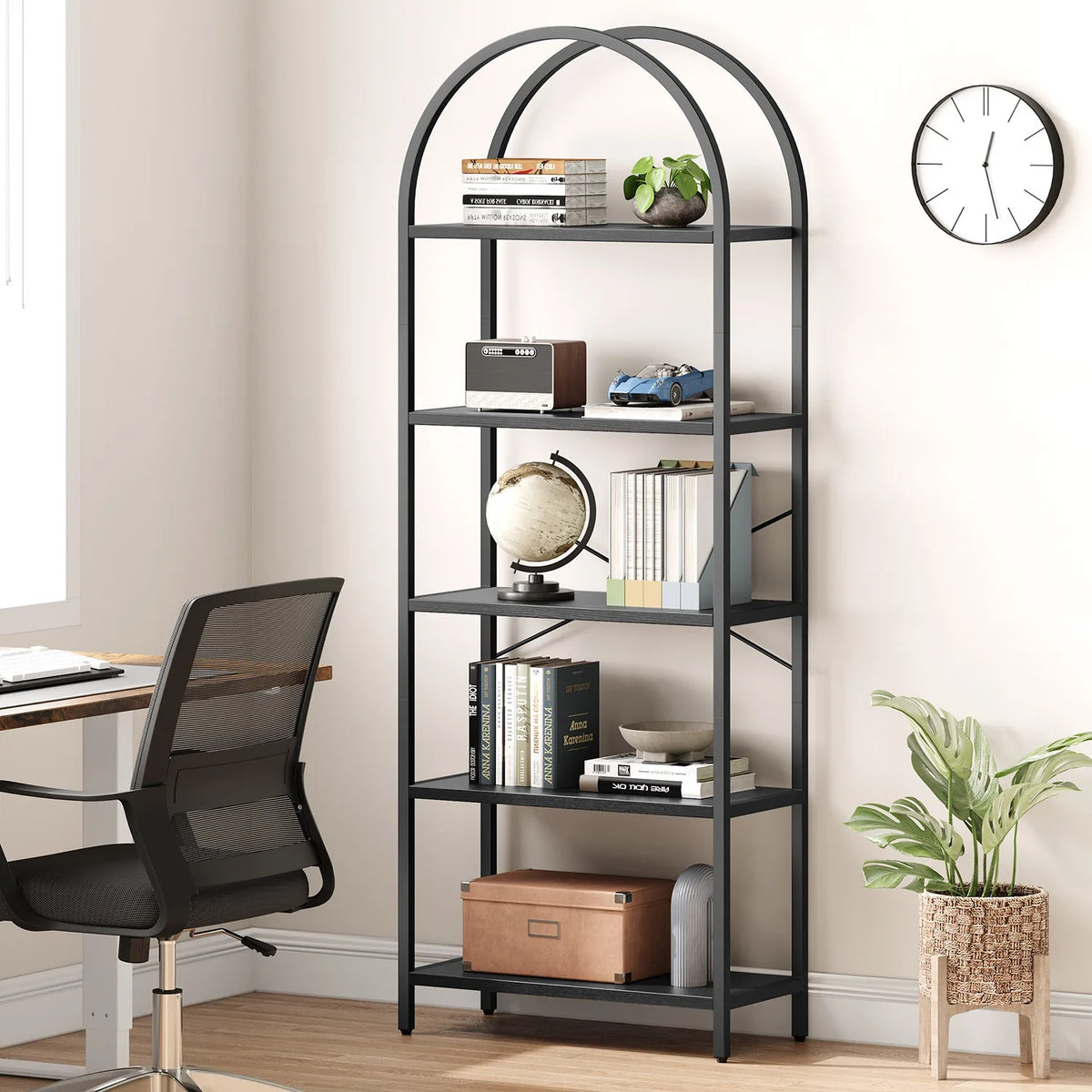 5-tier arched open bookcase with black metal frame and light wood shelves