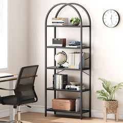 5-tier arched open bookcase with black metal frame and light wood shelves