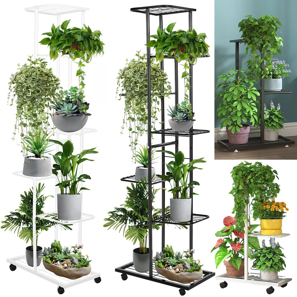 White 6-tier plant shelf rack with metal shelves and casters, holding potted plants
