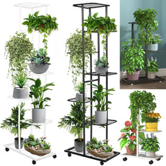 White 6-tier plant shelf rack with metal shelves and casters, holding potted plants