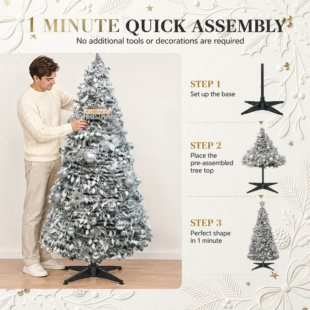 Pre-lit pop-up Christmas tree with silver ornaments, warm LED lights, on metal stand