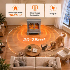 Grey electric fireplace stove heater with LED flame effect