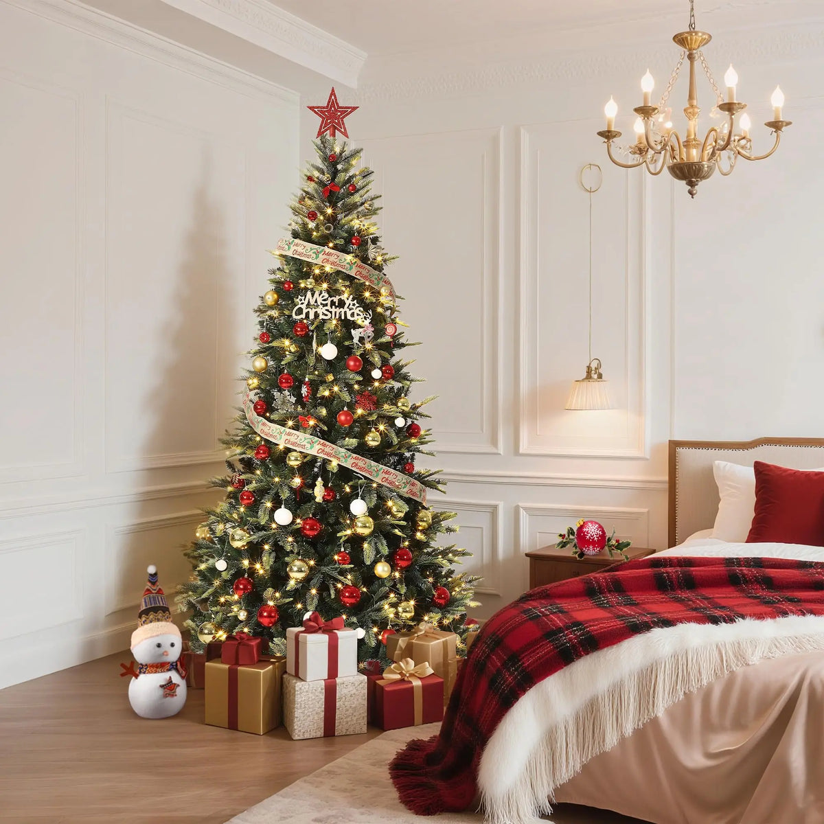 6.5 ft pre-lit pencil Christmas tree with warm white lights and red-gold ornaments