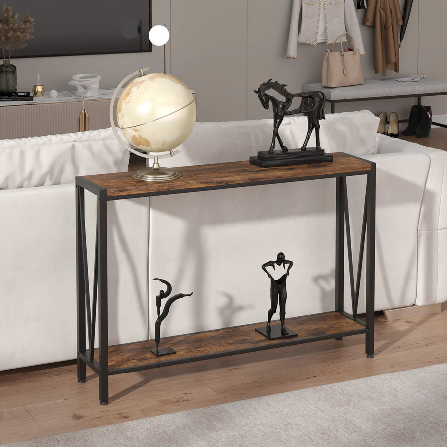 2-tier console table with distressed wood tabletop, black metal V-shaped legs, open shelf.