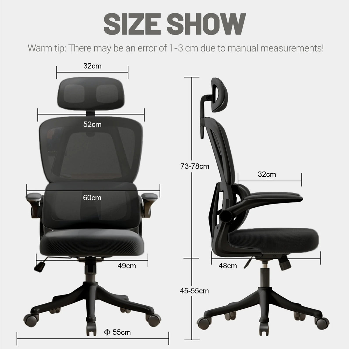 Ergonomic mesh office chair with lumbar, black seat, black base, flip-up arms.