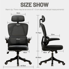 Ergonomic mesh office chair with lumbar, black seat, black base, flip-up arms.