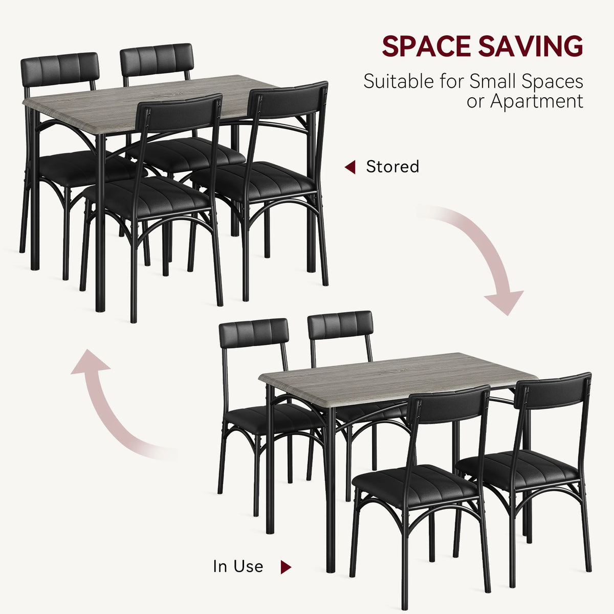 Dining table set showing chairs stored under table; compact 4-seat layout