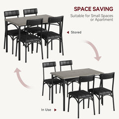 Dining table set showing chairs stored under table; compact 4-seat layout
