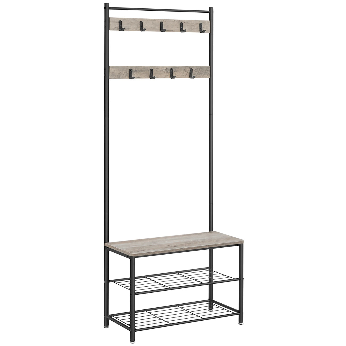 Black coat stand with shoe rack and wood-top bench, multi-hook frame
